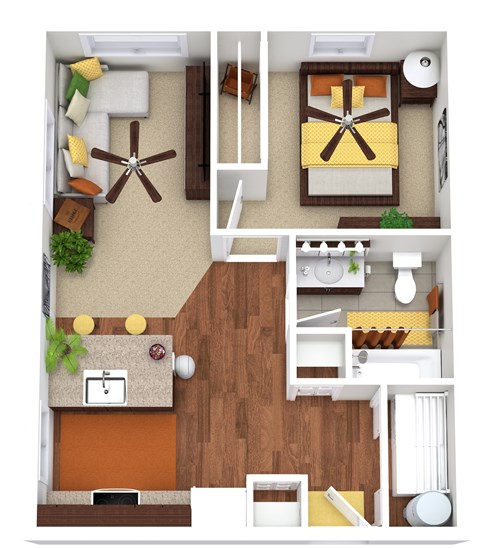 Floor plan for 1 bed, 1 bath, 610 sqft